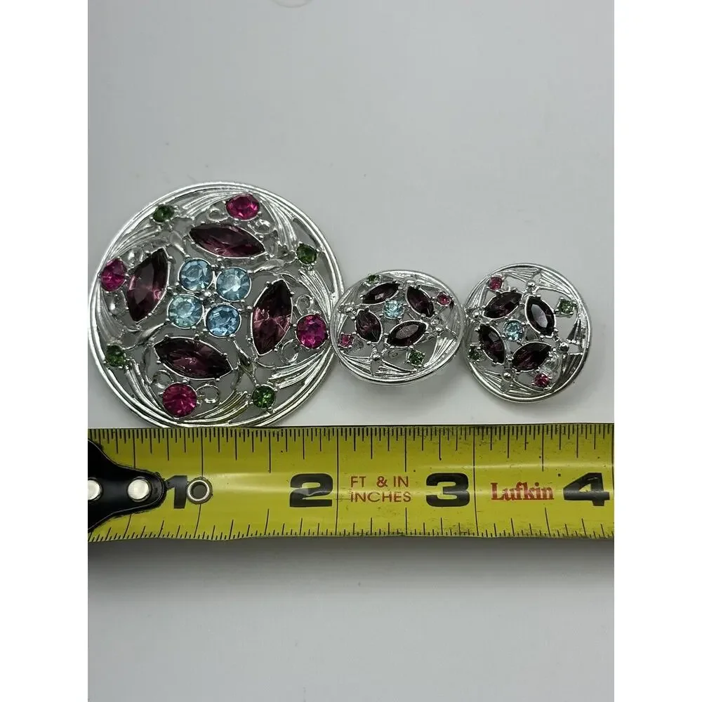 Vintage‎ 1972 Sarah Coventry SPRINGTIME Multi Color Rhinestone Brooch Earrings